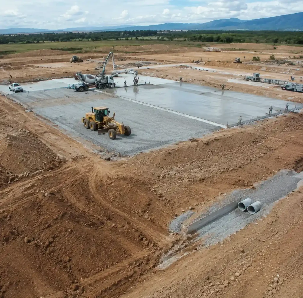 Block factory site preparation showing land grading and concrete floor construction for production area