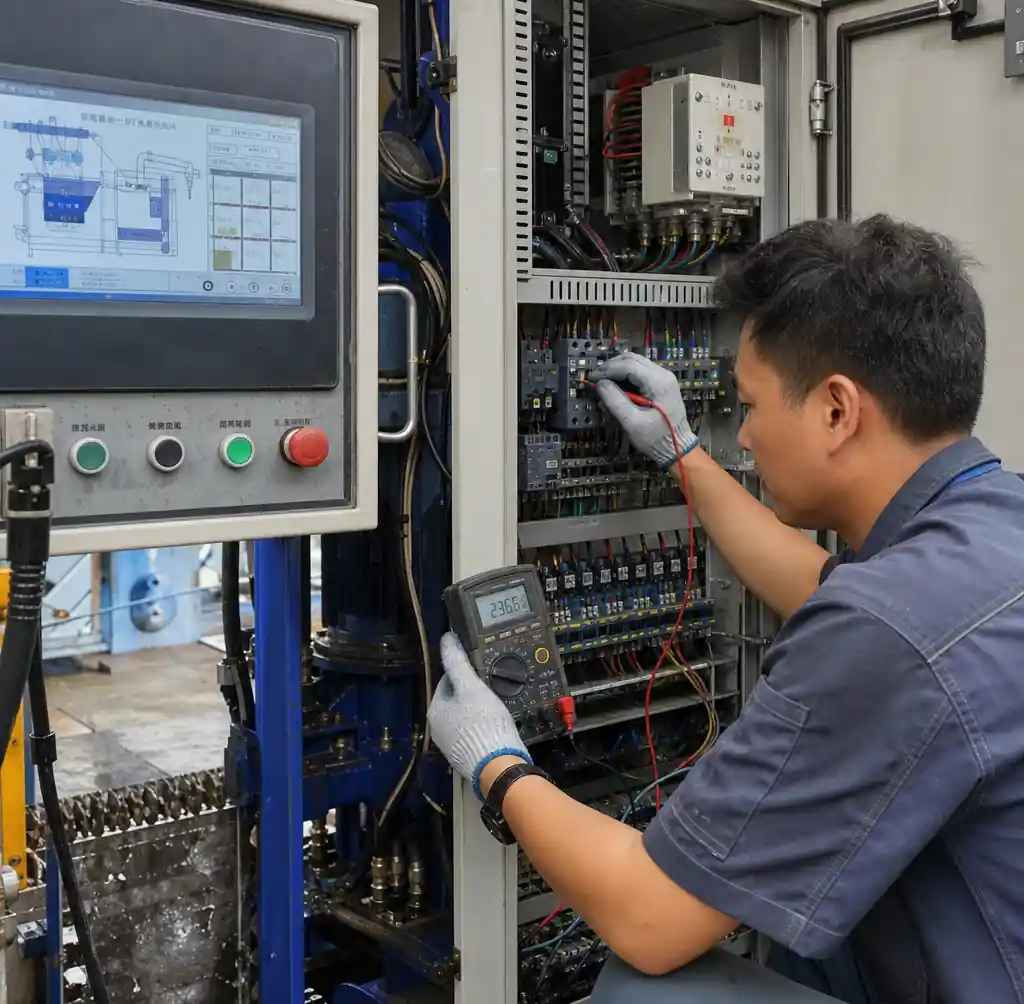 Technician troubleshooting control panel errors on block machine