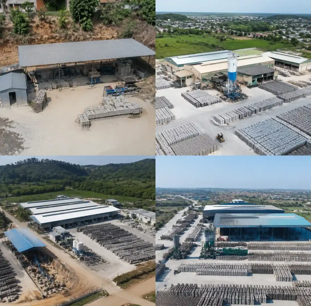 Block factory layout showing different production scales from small to industrial