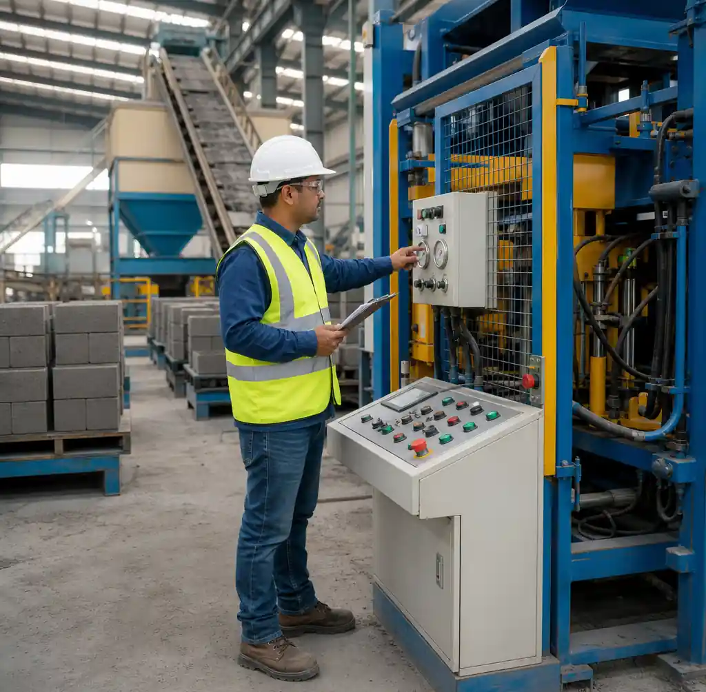 Professional block machine operator during hands-on training session
