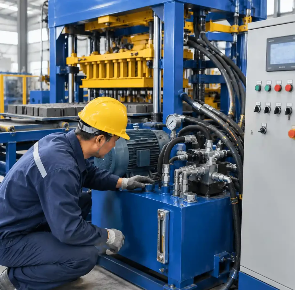 Block machine operator performing preventive maintenance inspection