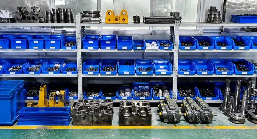 Block machine spare parts organized in labeled storage bins
