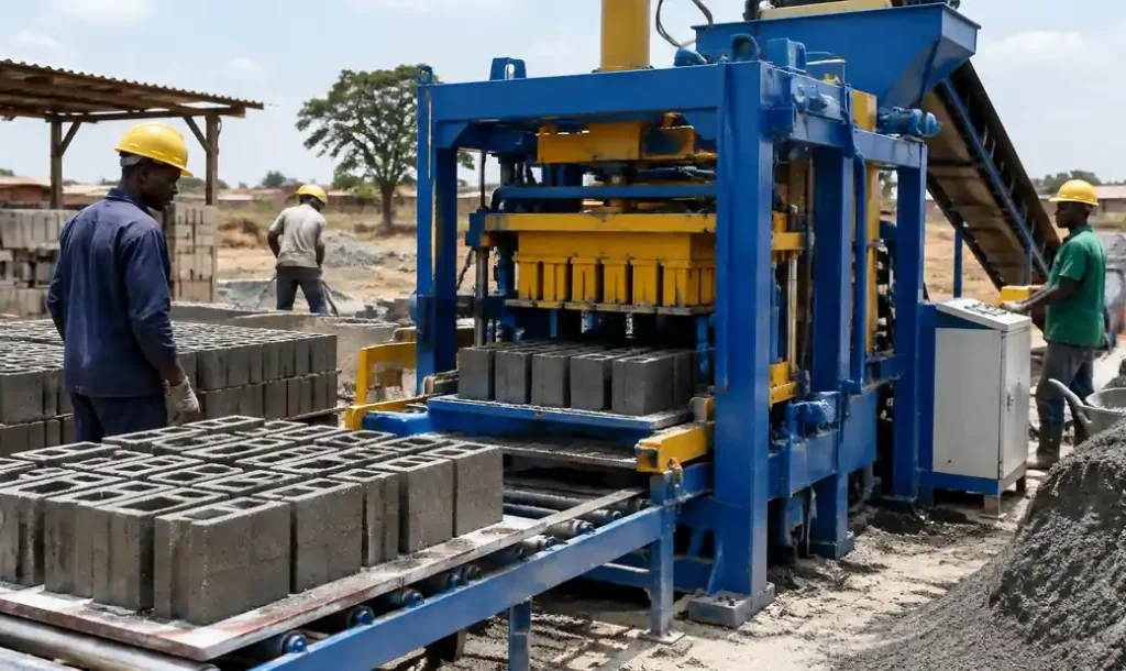 Block making machine operating in African construction site