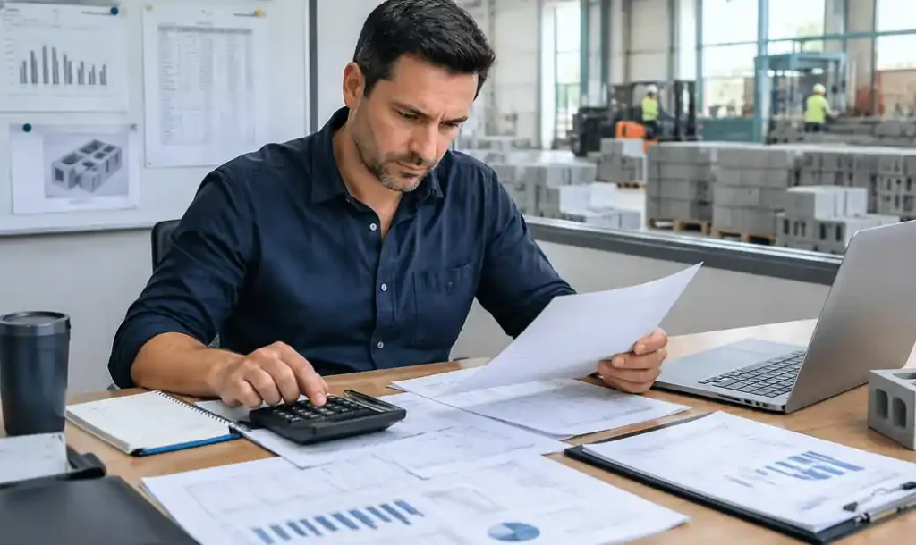Block manufacturer reviewing ROI calculations and investment analysis documents