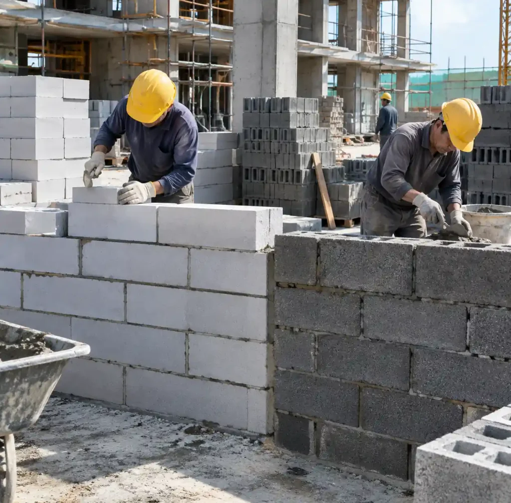 Construction site showing both fly ash blocks and cement blocks in active building project