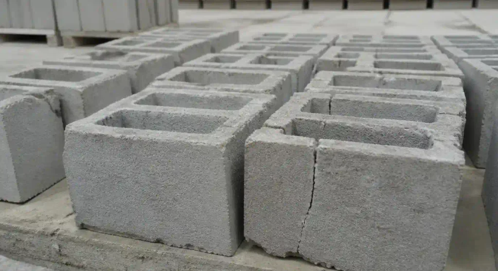 Defective concrete blocks showing surface cracks and quality defects