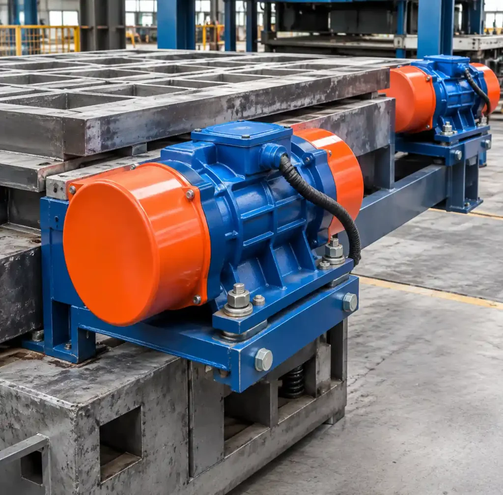 Eccentric motor vibration system mounted on block machine mold table
