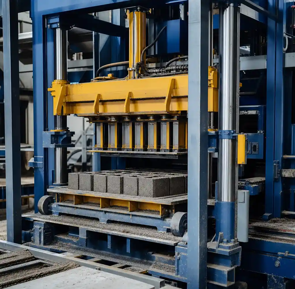 Hydraulic block machine in operation showing precision pressing system