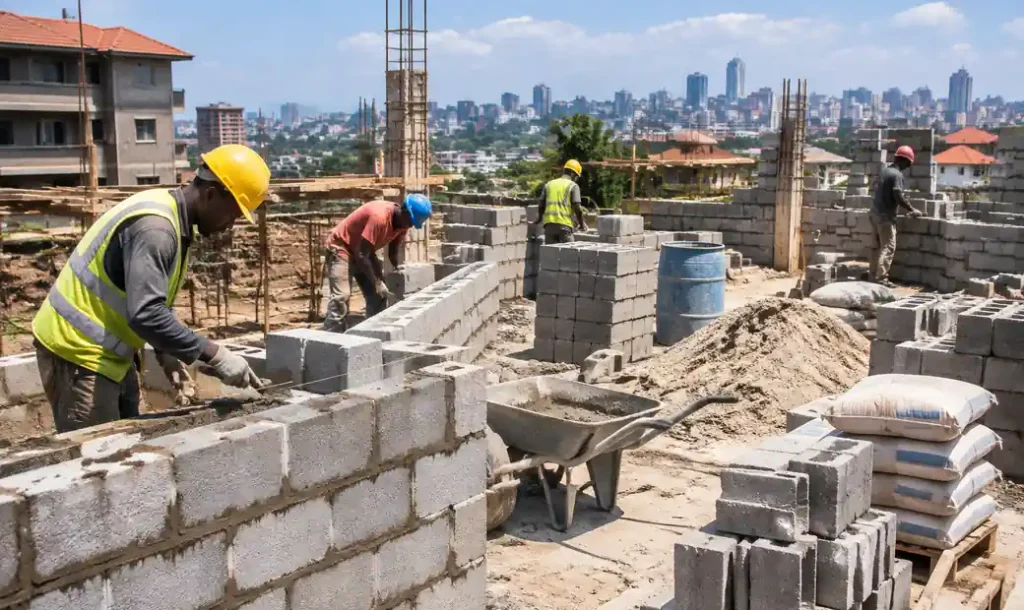 Nairobi construction site showing residential building development with concrete block walls