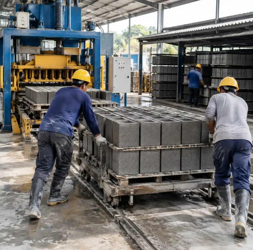 Workers manually moving concrete block pallets in production facility