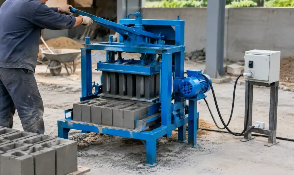 Manual block machine with electric vibration motor operating on single-phase power