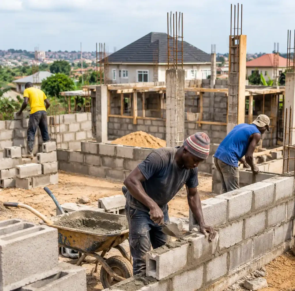Nigerian construction site showing block laying work in progress with workers and building structure
