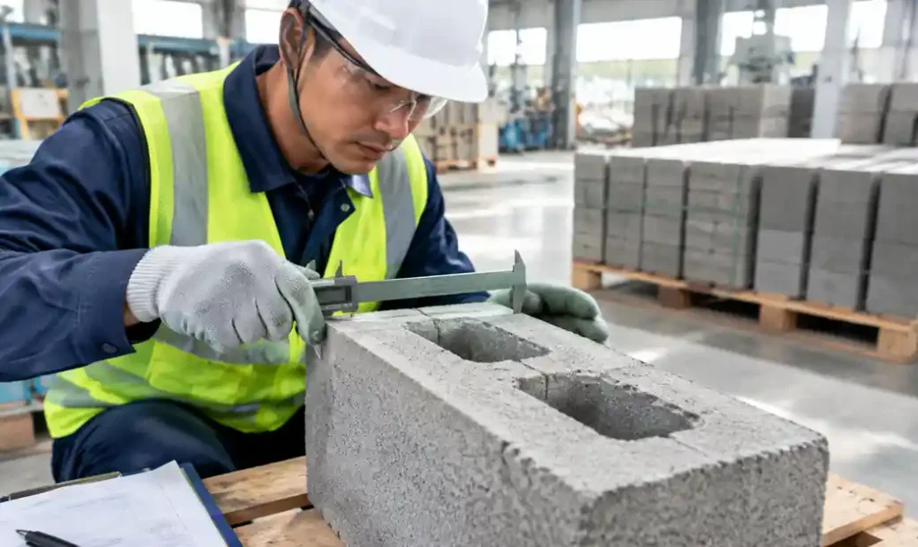 Quality control inspector measuring concrete block dimensions with calibrated calipers