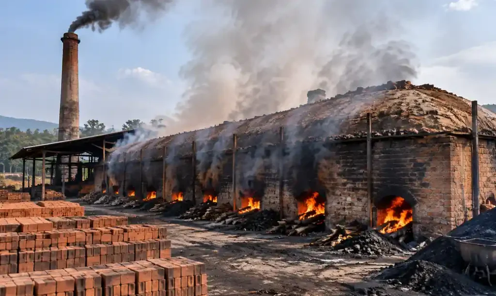 Industrial brick kiln releasing smoke during fired brick production