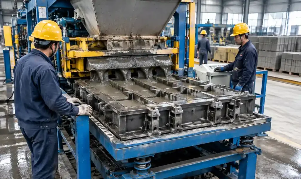 Wet mix block machine production line showing mold filling process