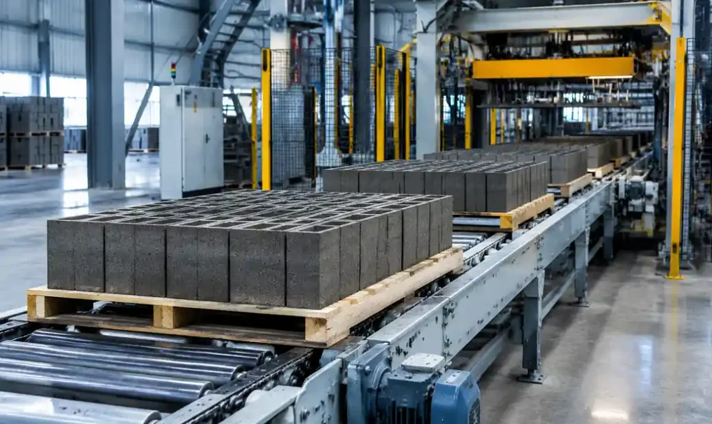 Automated conveyor belt system moving block pallets in production line