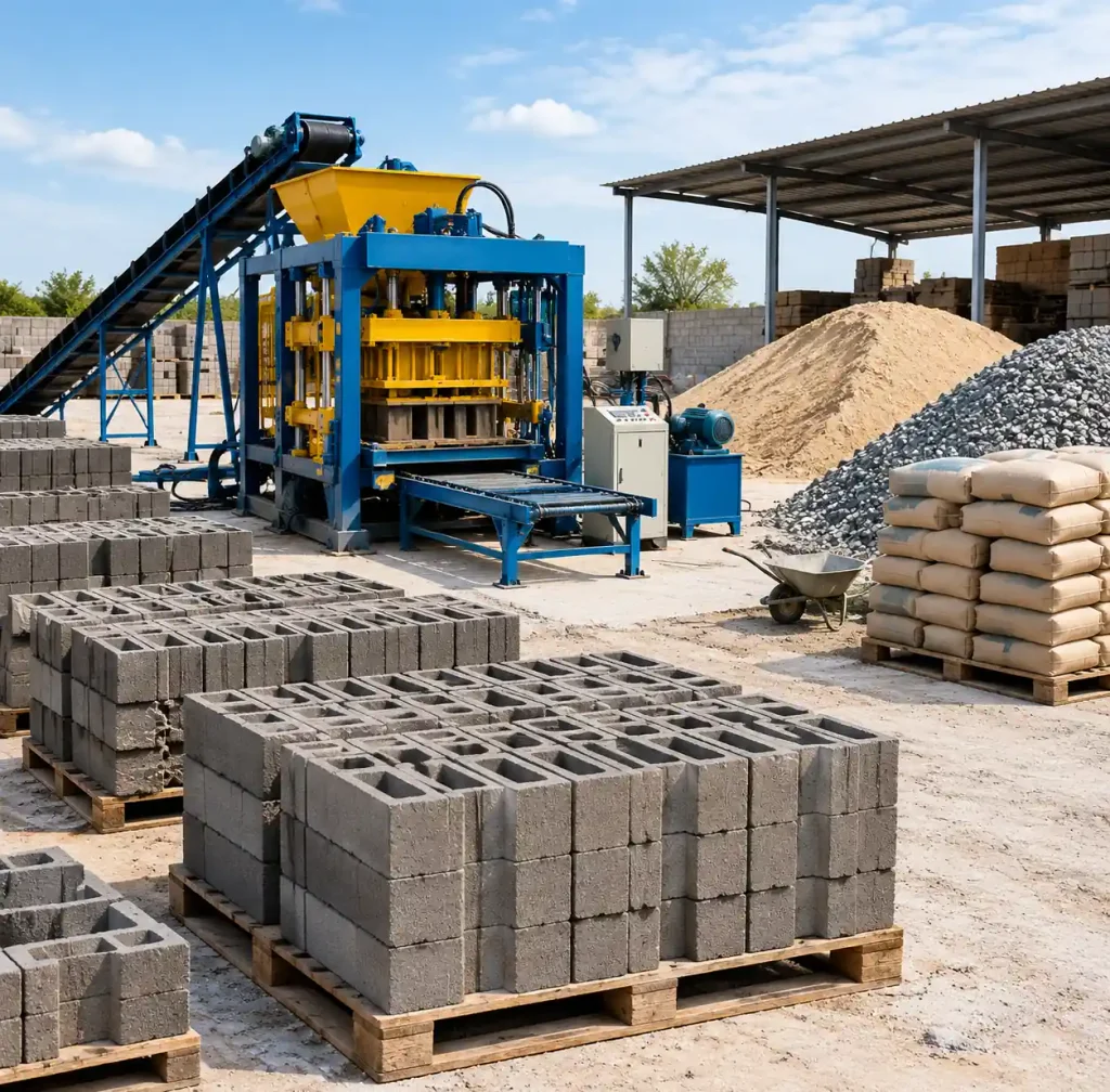 Block making business startup equipment and materials showing machine, pallets, and raw materials