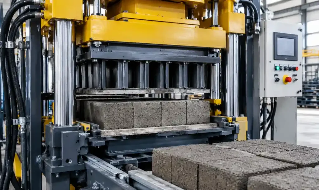 Dry mix hydraulic block machine with immediate demolding capability