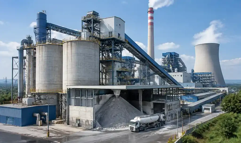 Fly ash storage silos at thermal power plant showing raw material source