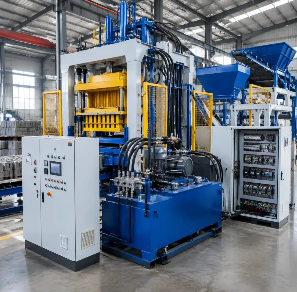 Fully automatic block making machine showing hydraulic system and electrical control panel