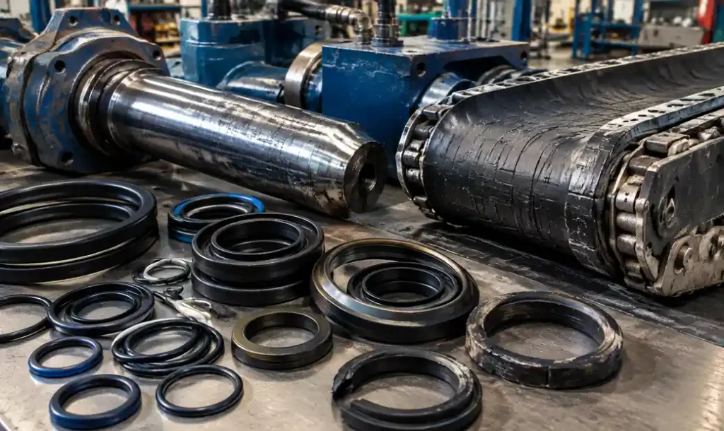 Hydraulic seals and conveyor belt components for block machines