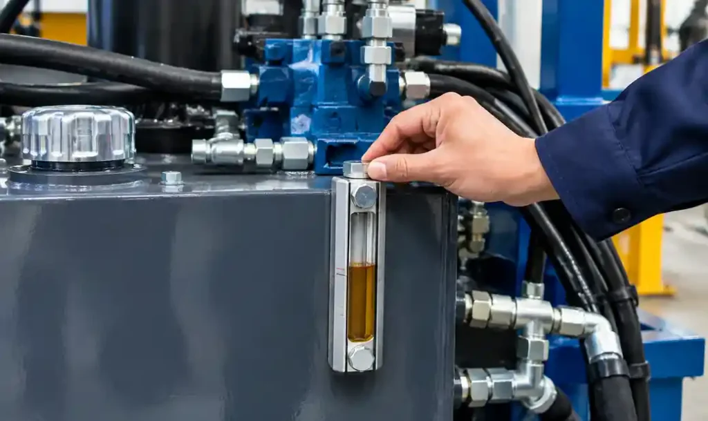 Hydraulic oil reservoir level check on block machine