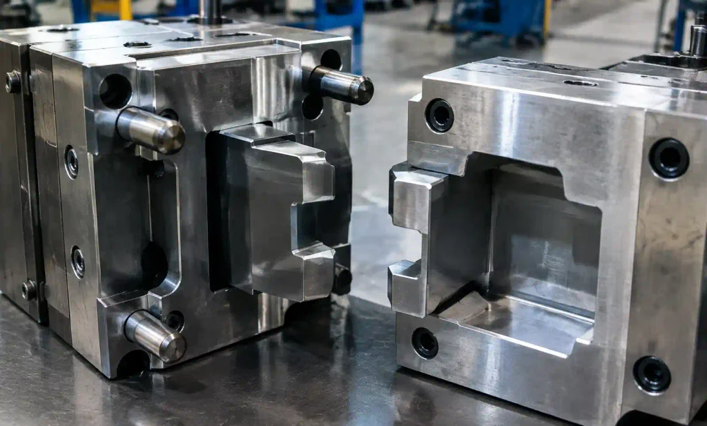 Interlocking block mould showing tongue-and-groove connection mechanism