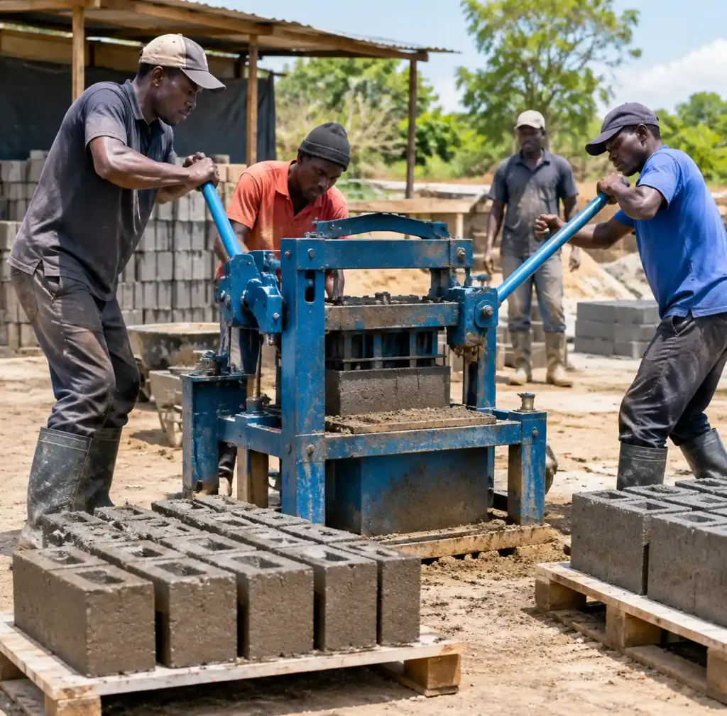 Manual block making machine being operated by workers in Kenya
