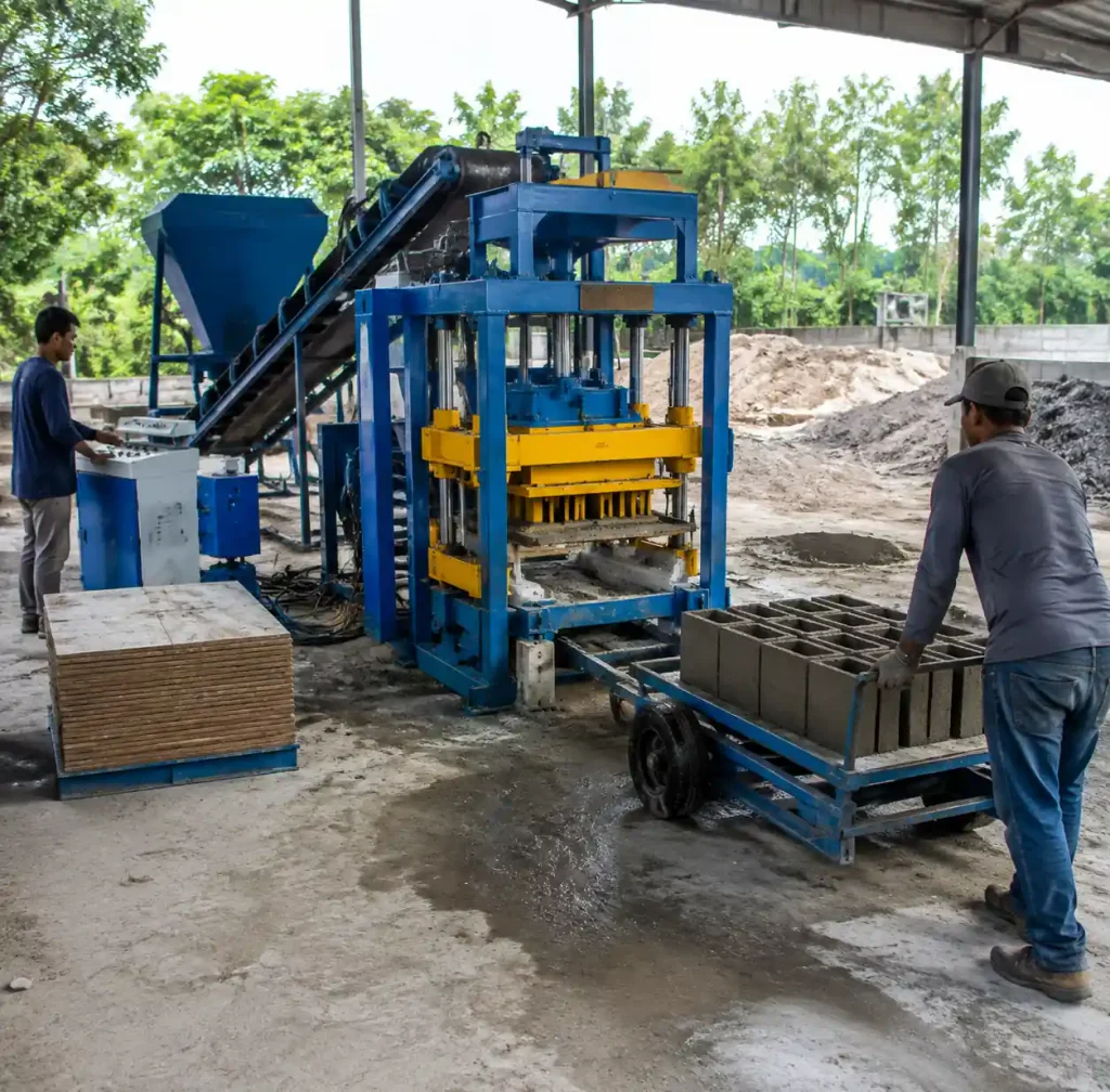 Manual block machine production area showing operator workspace and material flow