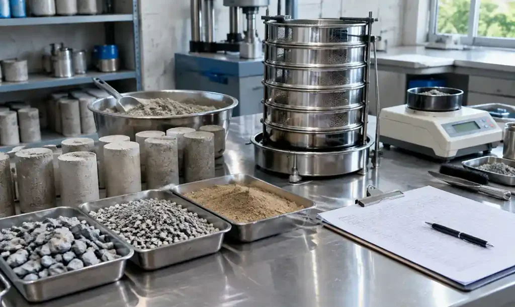 Raw material quality testing for block production - cement and aggregate samples