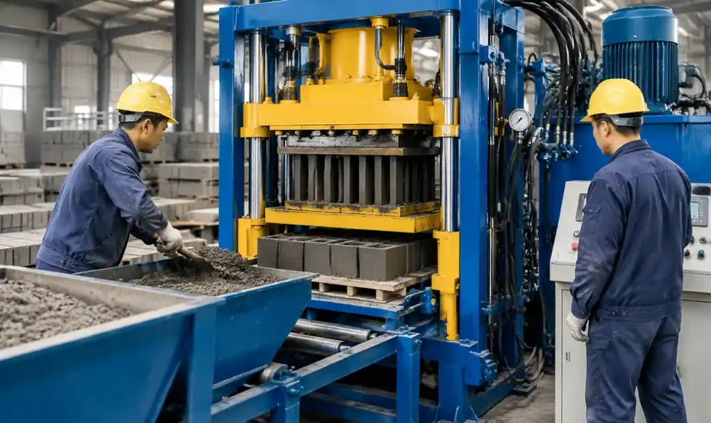 Semi-automatic hydraulic block machine with operators loading materials