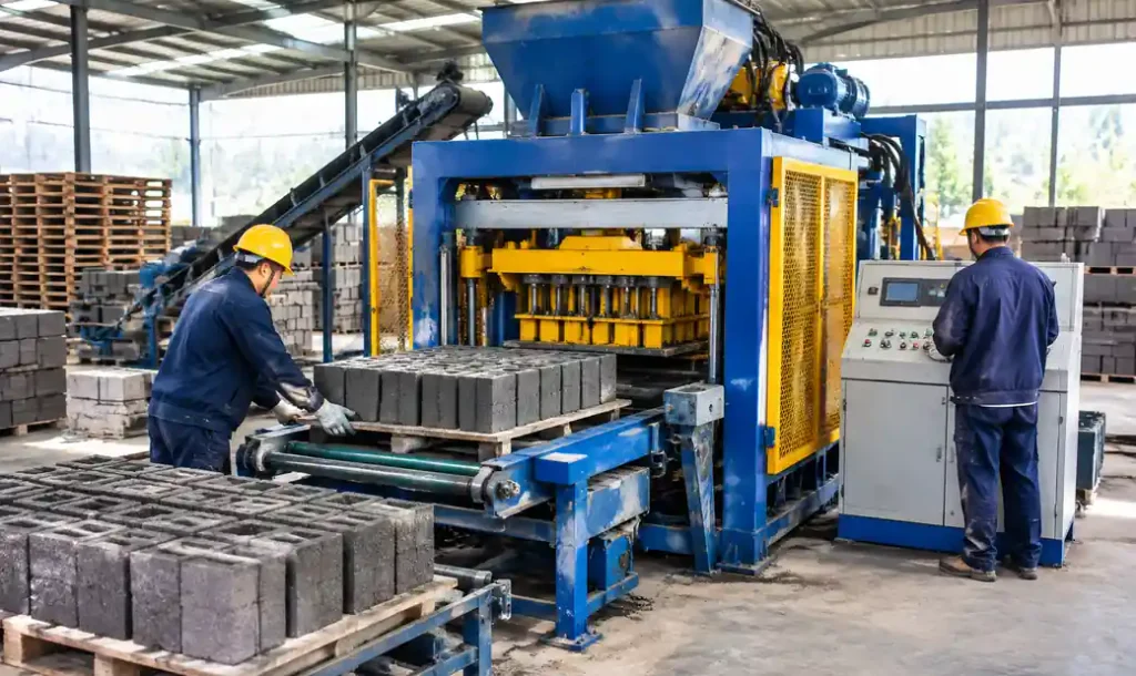 Semi-automatic block making machine in operation showing production process