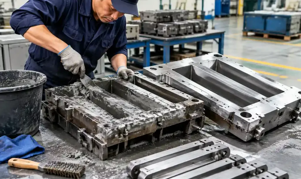 Worker performing weekly deep cleaning of block machine molds