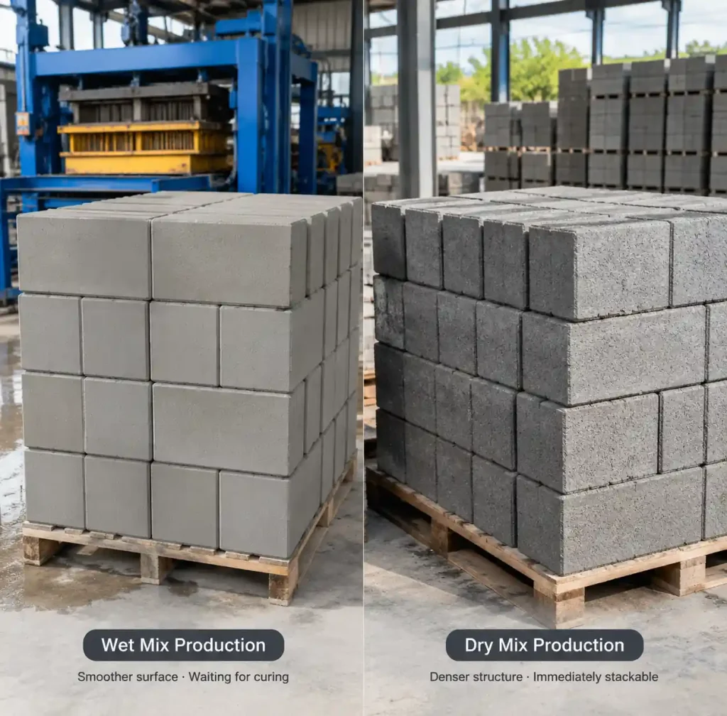 Side-by-side comparison of wet mix and dry mix concrete consistency
