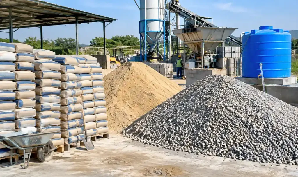 Raw materials for block production including cement bags, sand, and aggregate piles