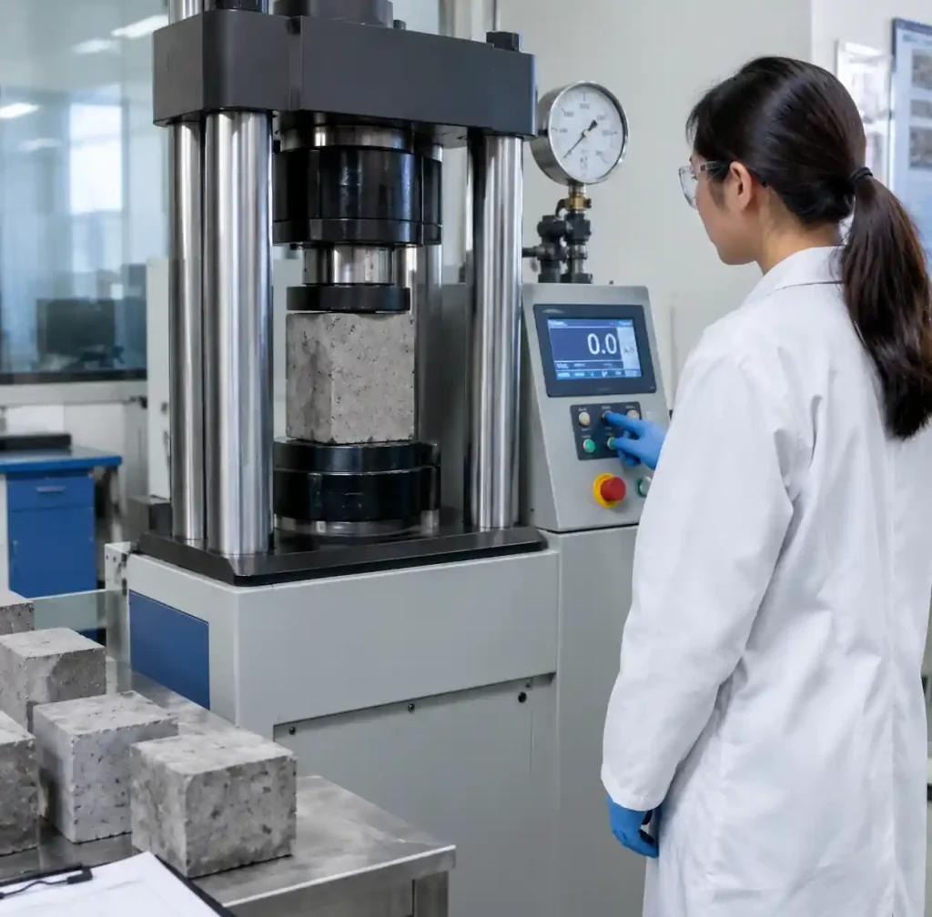 Laboratory technician testing compressive strength of fly ash blocks with hydraulic compression machine