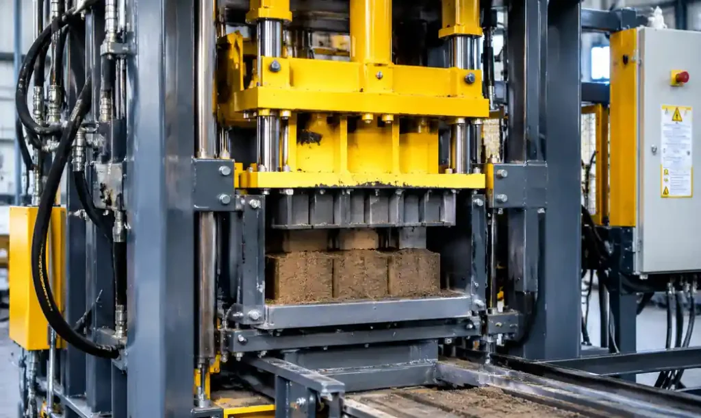 Hydraulic compressed earth block machine compressing soil mixture