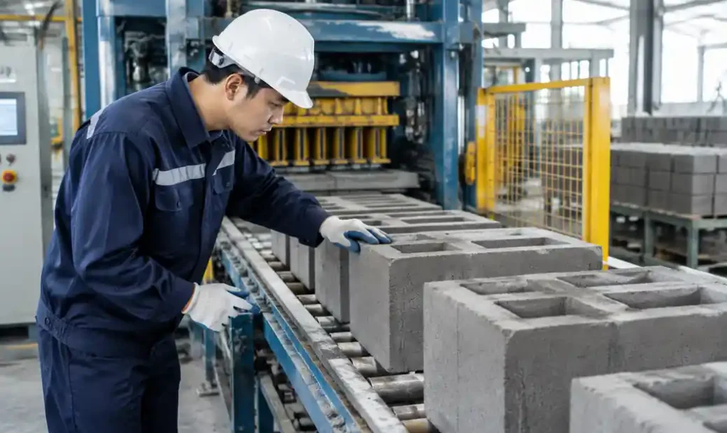 Operator performing in-process quality inspection during block production