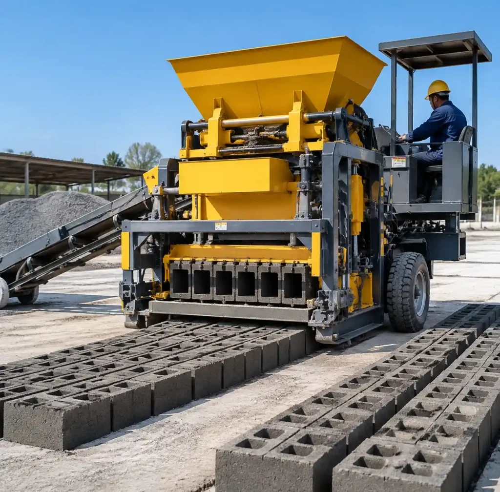 Mobile egg layer machine depositing blocks directly on ground