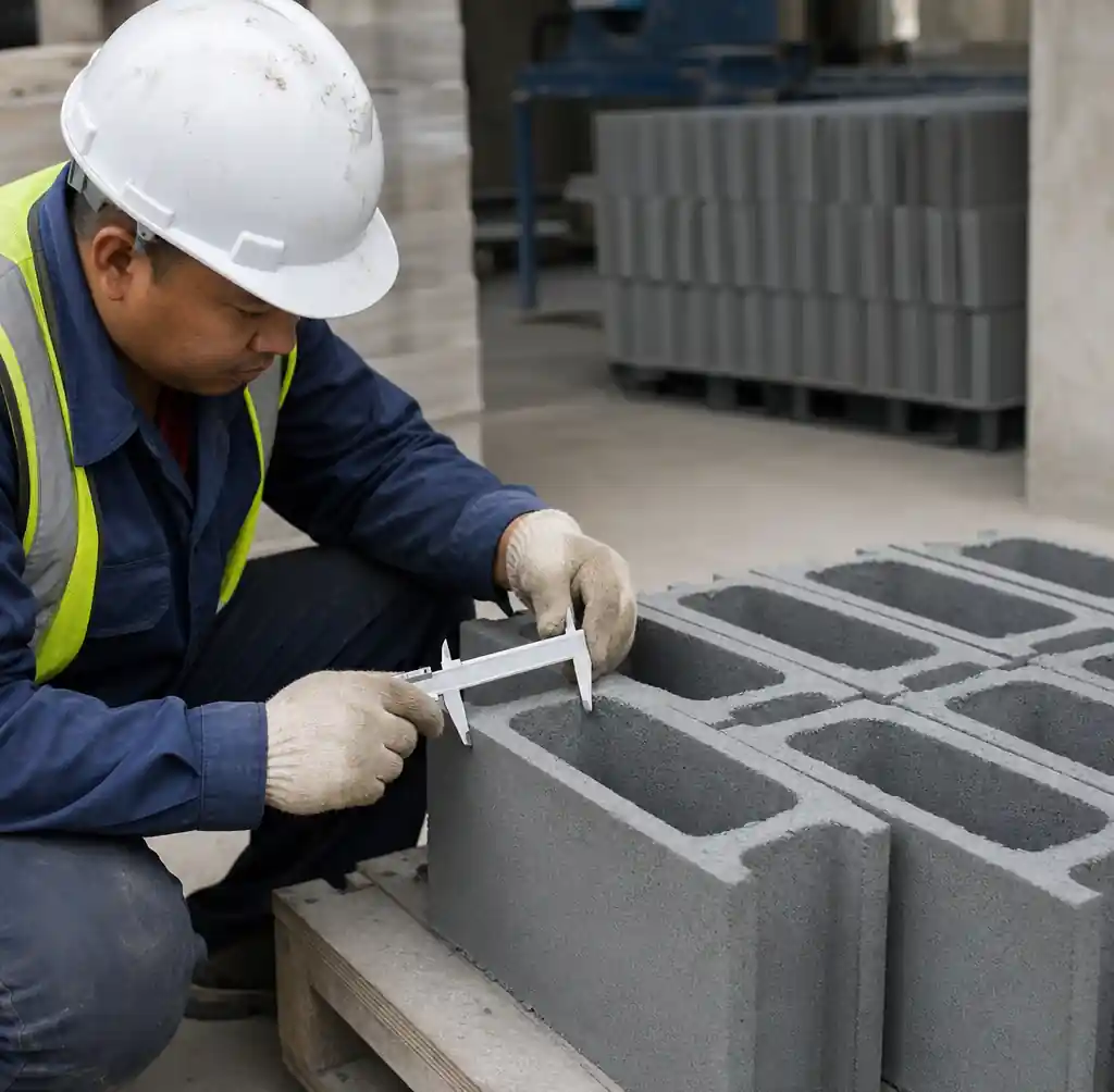 Operator performing quality control inspection on concrete blocks