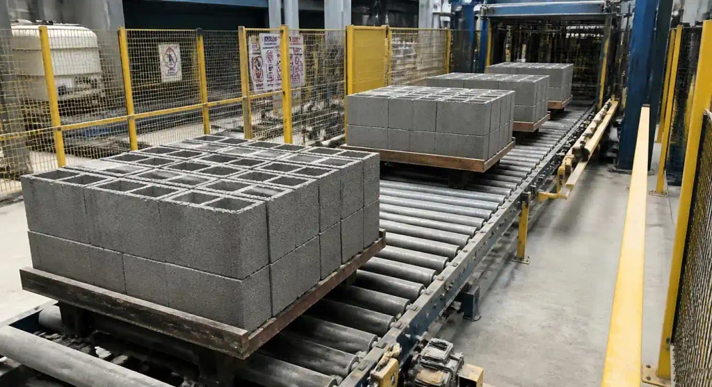 Powered roller conveyor system handling loaded block pallets