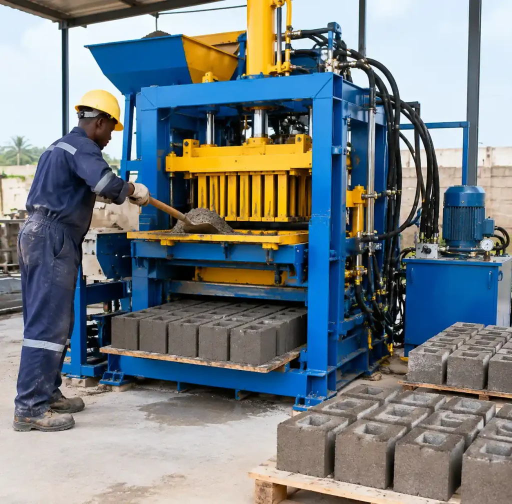 Semi-automatic hydraulic block making machine in operation with operator loading materials