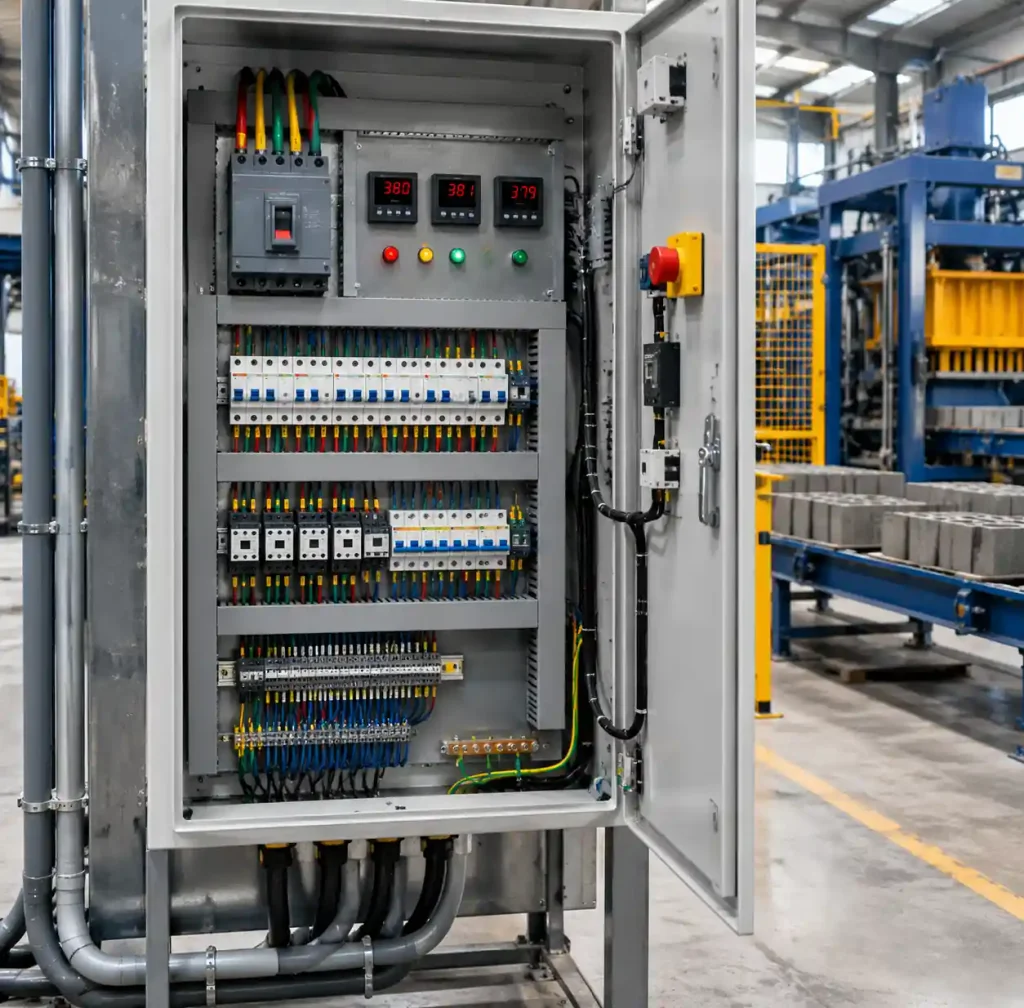 Three-phase electrical distribution panel with circuit breakers for block machine installation