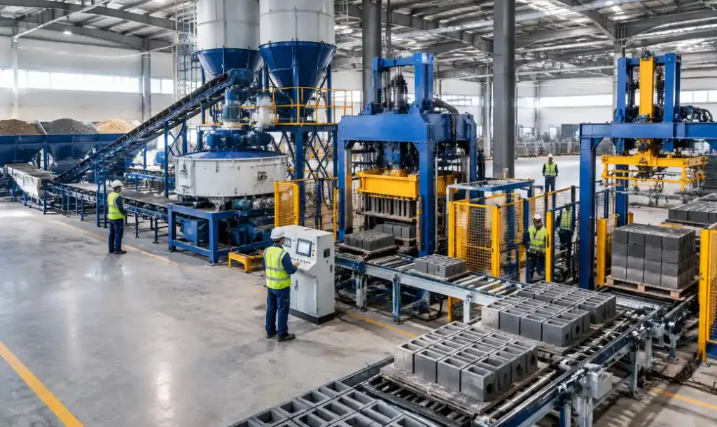 Fully automatic dry mix block production system in operation