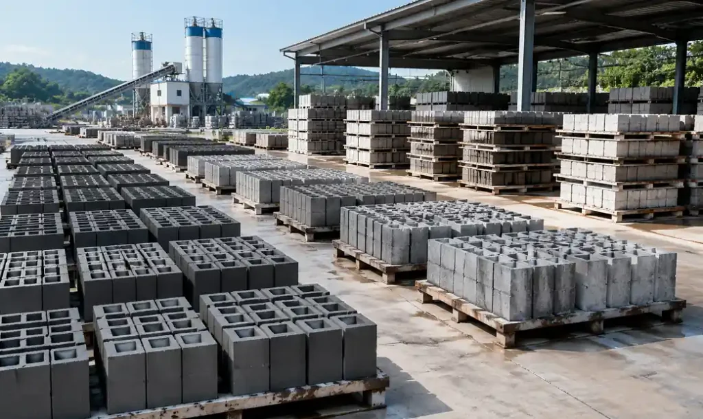 Concrete blocks curing in organized yard with inventory management