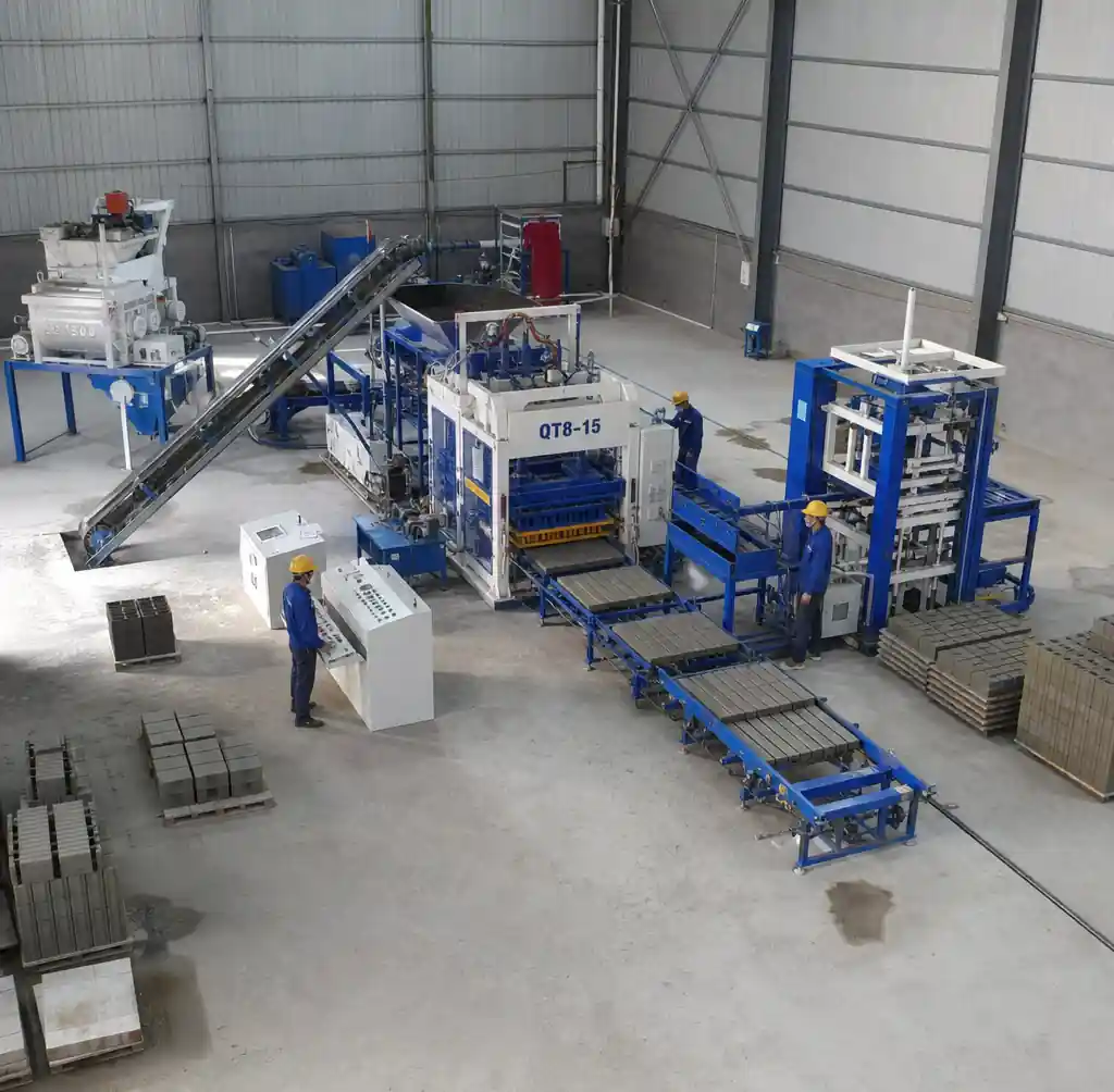 Complete automatic block production system with mixer and conveyor
