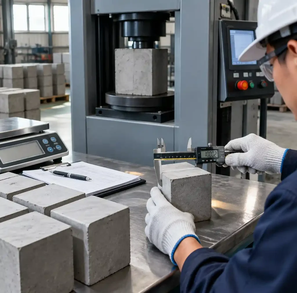 Concrete blocks being tested for density and compressive strength
