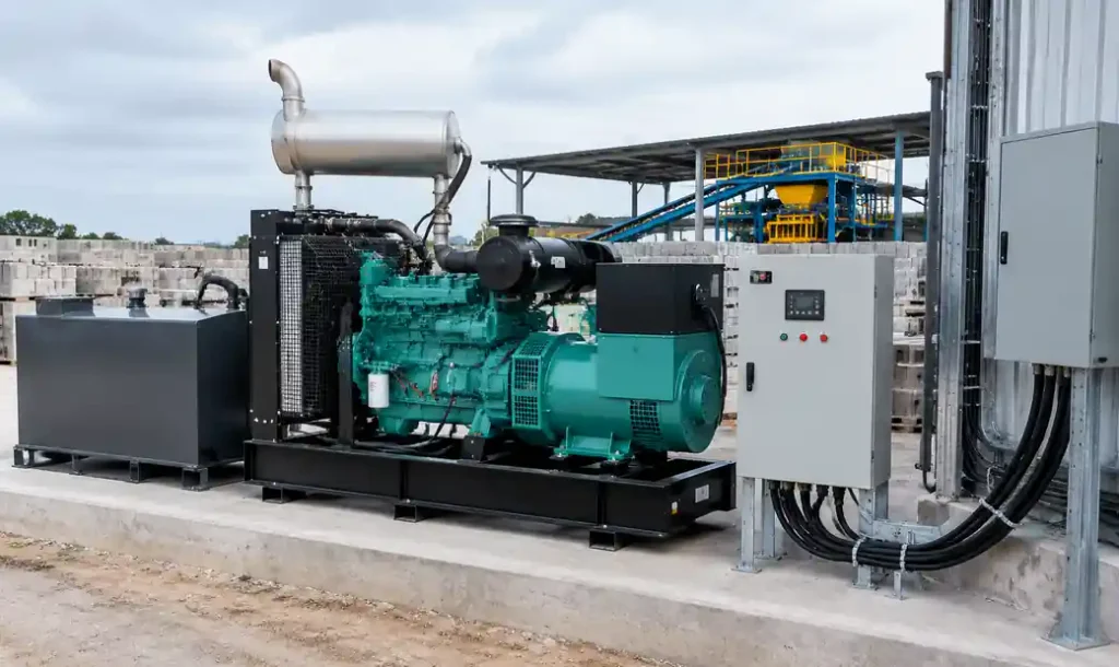 Industrial diesel generator providing backup power for block making facility