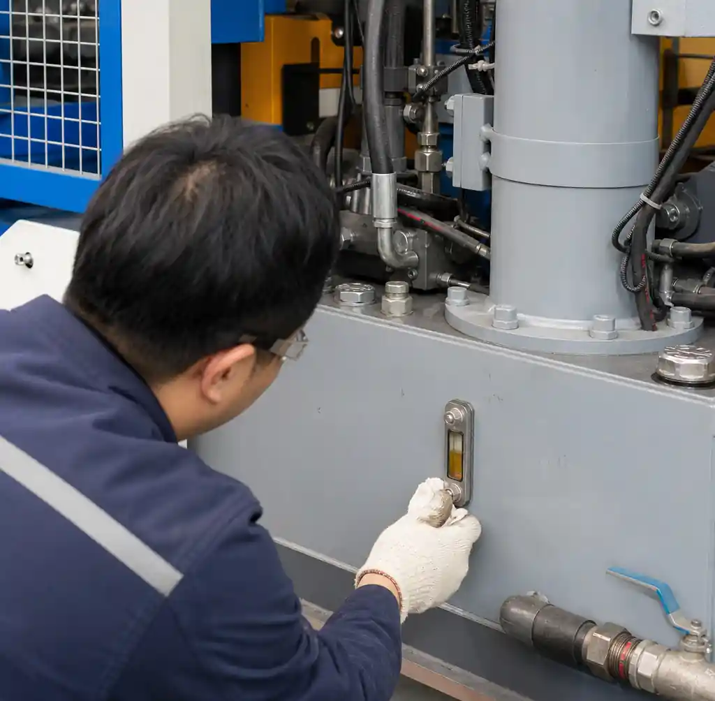 Technician checking hydraulic oil quality and level