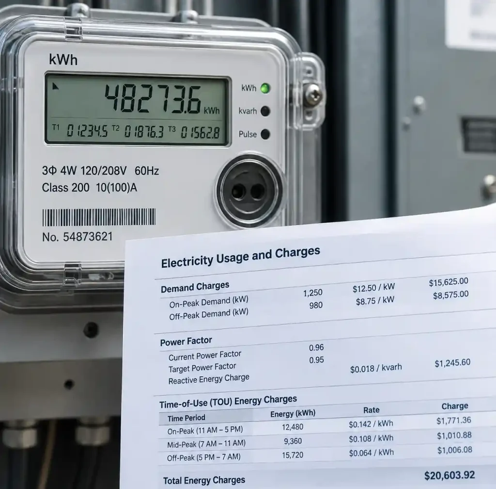 Commercial electricity meter showing demand charges and power factor